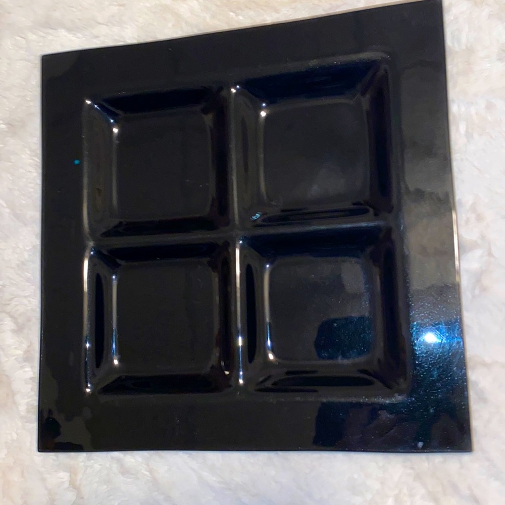 Black glass platter plate. 12-1/2 by 12-1/2 inch all around.